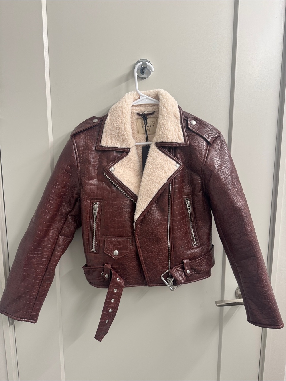 Blank NYC Burgundy Croc-Embossed Moto Jacket with Cream Shearling Trim